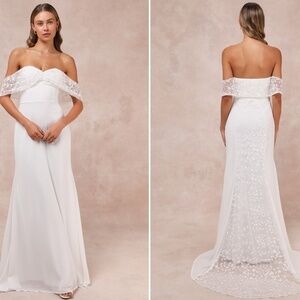 LULU's Bridal Wedding Floral Embroidered Off the Shoulder Elegant Mermaid Gown
